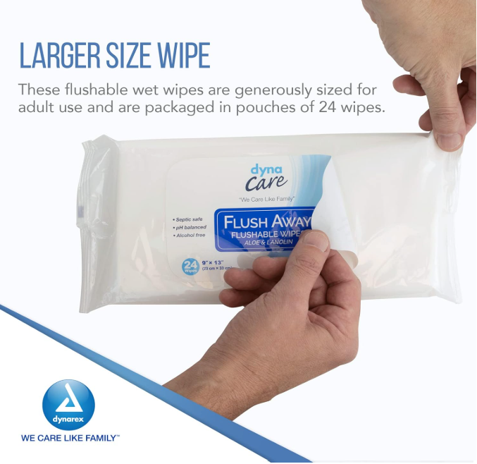 DynaCare Flushable Wipes - Adult, 9" x 13" Soft Pack, 24pks/case (576 Count)