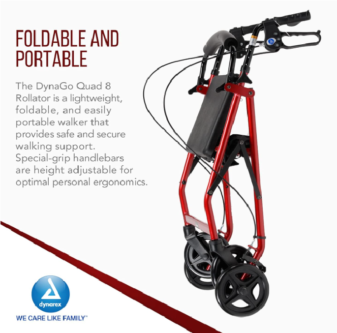 Dynarex DynaGo Quad 8 - Aluminum Rollator w/ 7.5" Wheels, Red
