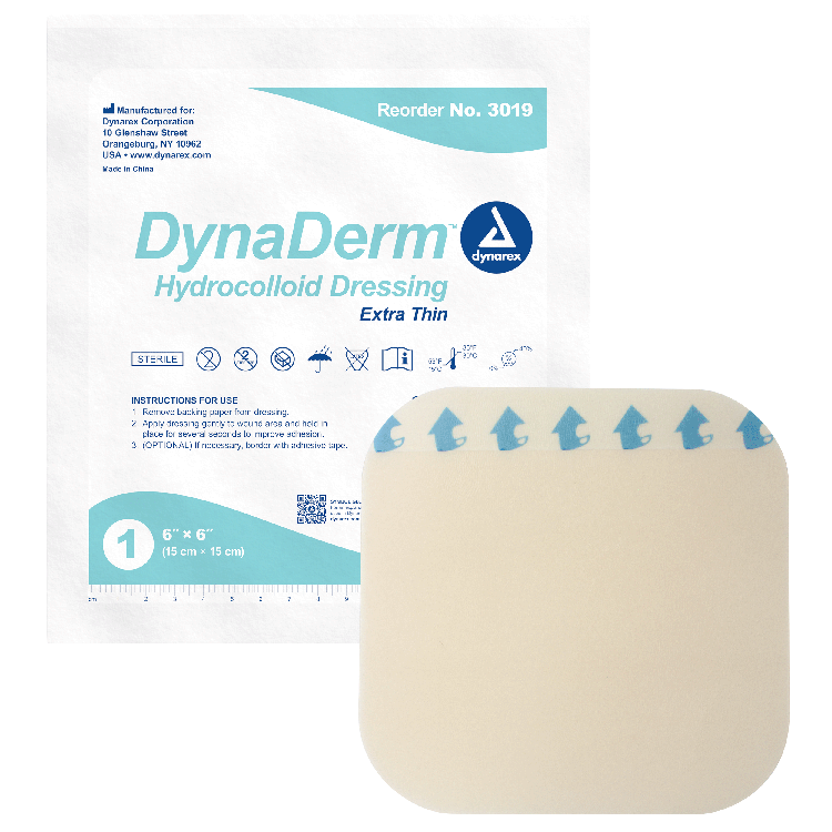 Dynarex DynaDerm - Hydrocolloid Dressing - Extra Thin, 6" x 6", 5ea/bx, 12bxs/cs (60 Count)