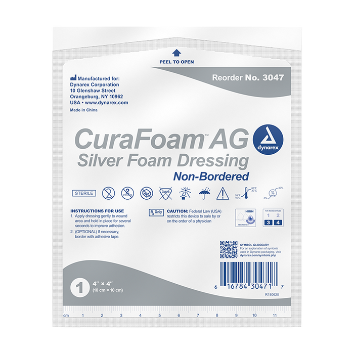 Dynarex CuraFoam AG - Silver Foam Dressing, 4" x 4", 10/10/cs