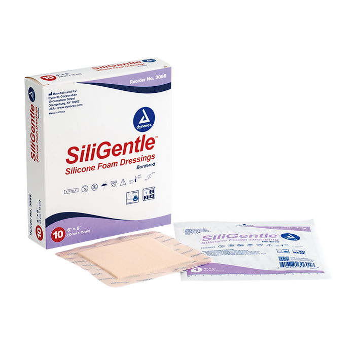 Dynarex SiliGentle - Silicone Bordered Foam Dressing, 10ea/bx, 12bxs/cs (120 Count)