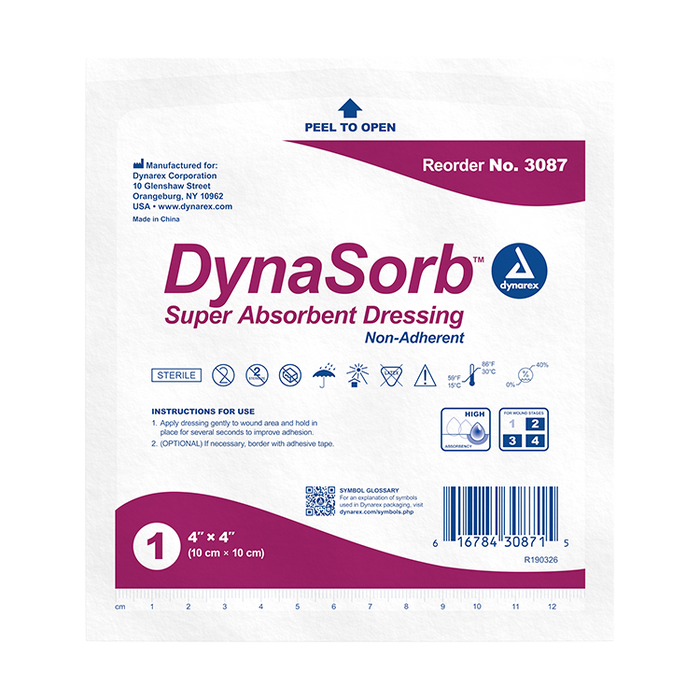 Dynarex DynaSorb - Super Absorbent Dressing, Non-Adhering, 4" x 4", 12/10/cs