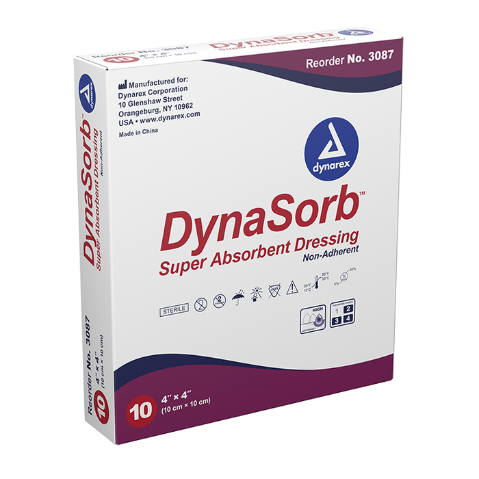 Dynarex DynaSorb - Super Absorbent Dressing, Non-Adhering, 4" x 4", 12/10/cs