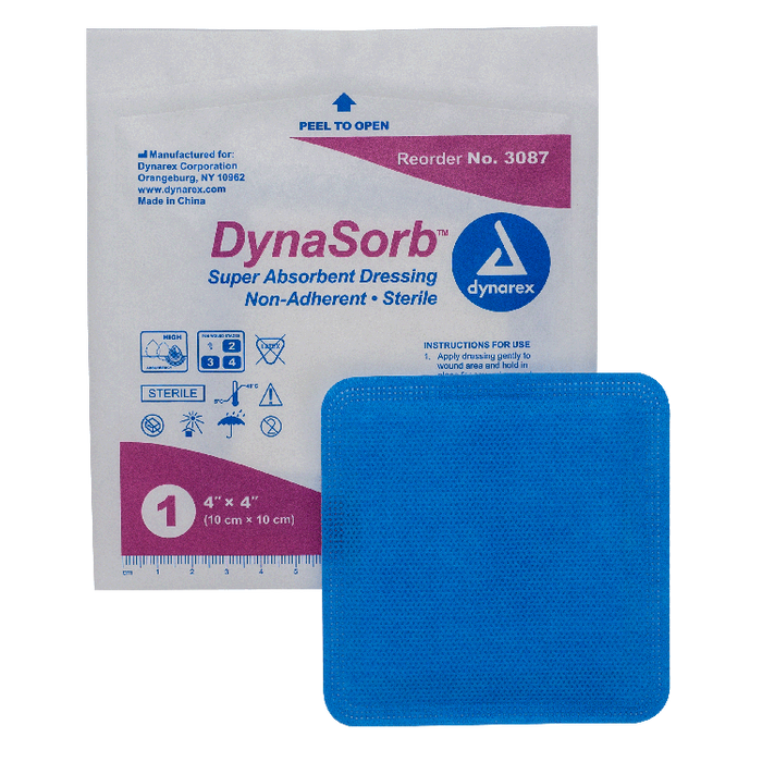 Dynarex DynaSorb - Super Absorbent Dressing, Non-Adhering, 4" x 4", 12/10/cs