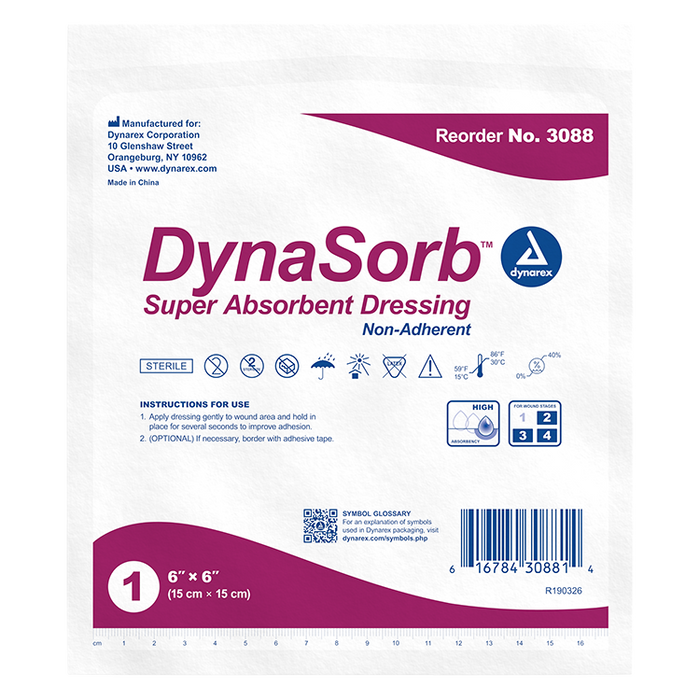 Dynarex DynaSorb - Super Absorbent Dressing, Non-Adhering, 6" x 6", 12/10/cs