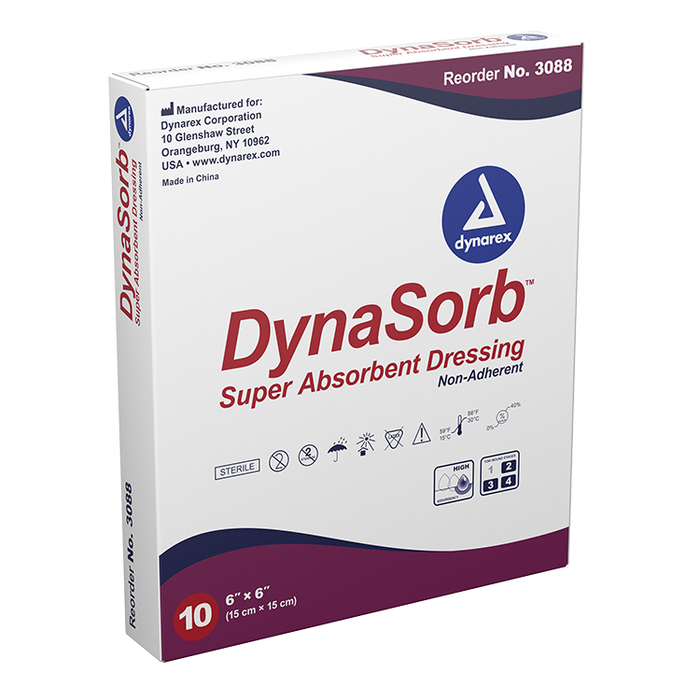 Dynarex DynaSorb - Super Absorbent Dressing, Non-Adhering, 6" x 6", 12/10/cs