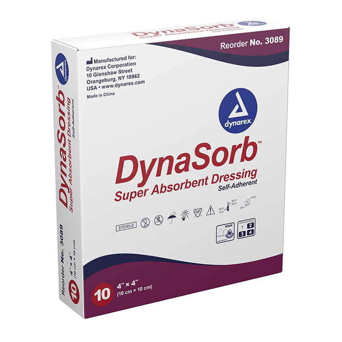 Dynarex DynaSorb - Super Absorbent Dressing, Self-Adhering, 4" x 4", 12/10/cs