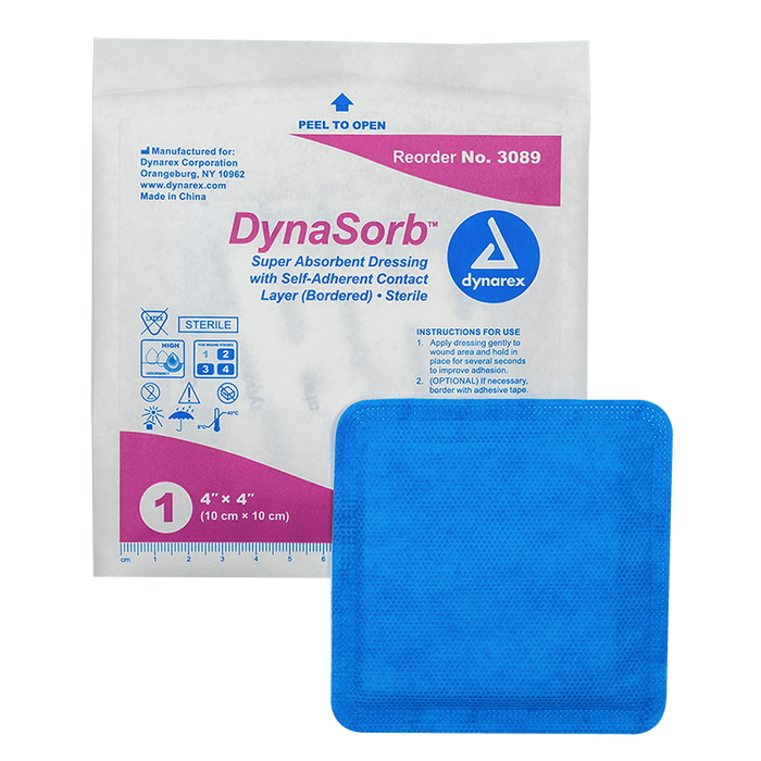 Dynarex DynaSorb - Super Absorbent Dressing, Self-Adhering, 4" x 4", 12/10/cs