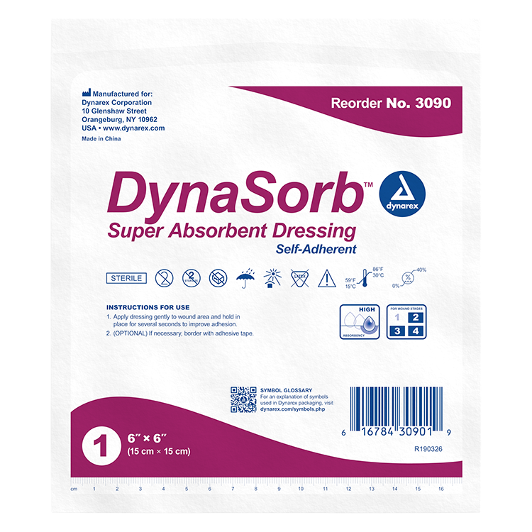 Dynarex DynaSorb - Super Absorbent Dressing, Non-Adhering, 6" x 6", 12/10/cs