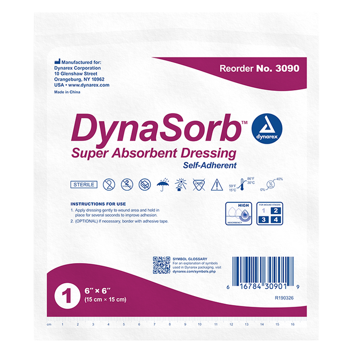 Dynarex DynaSorb - Super Absorbent Dressing, Non-Adhering, 6" x 6", 12/10/cs