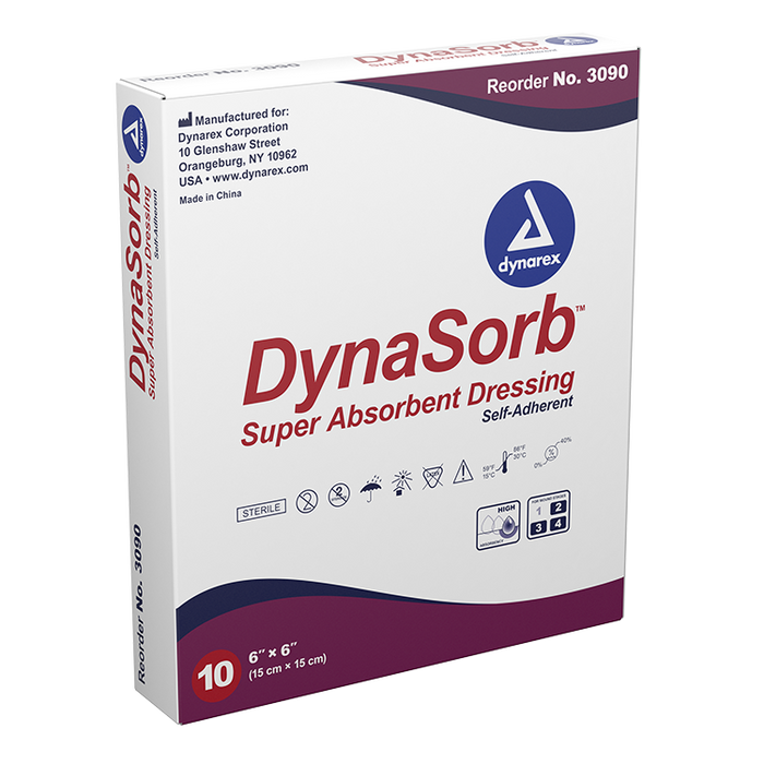 Dynarex DynaSorb - Super Absorbent Dressing, Non-Adhering, 6" x 6", 12/10/cs