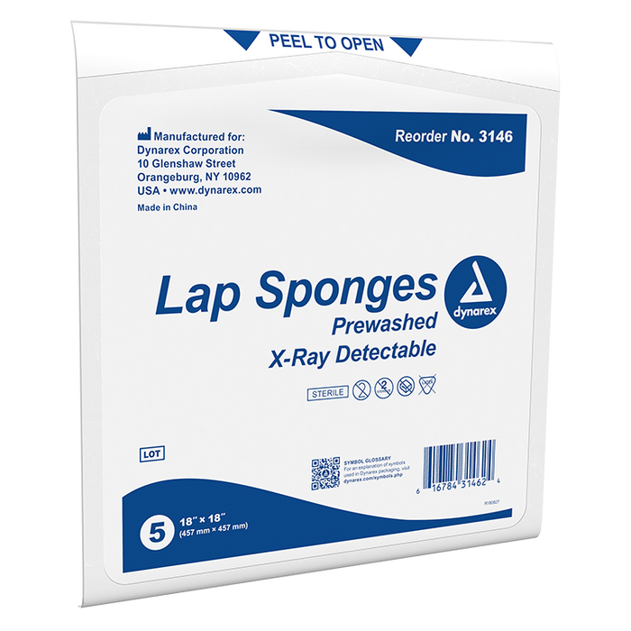 Dynarex Lap Sponge - Pre-washed - Sterile, 5ea/bx, 40bxs/cs (200 Count)
