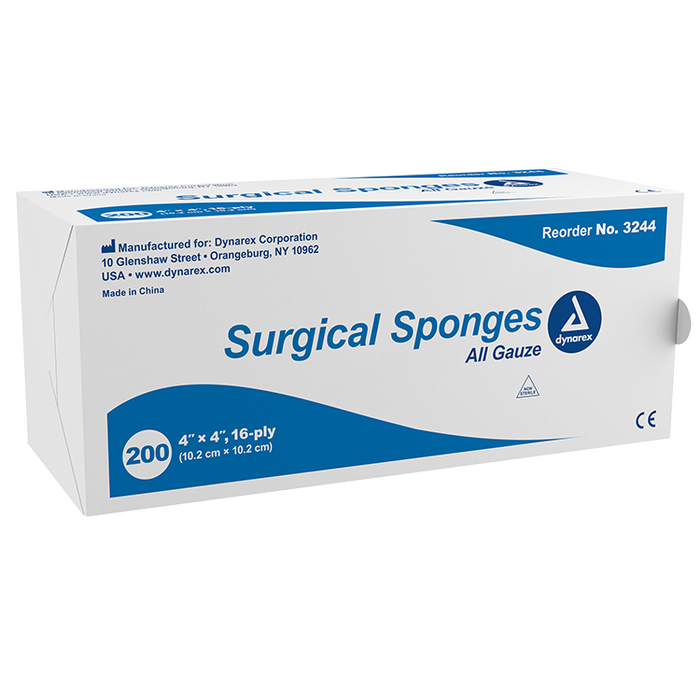 Dynarex Surgical Gauze Sponge, 4" x 4" - 200ea/bx 10bxs/cs (2000 Count)