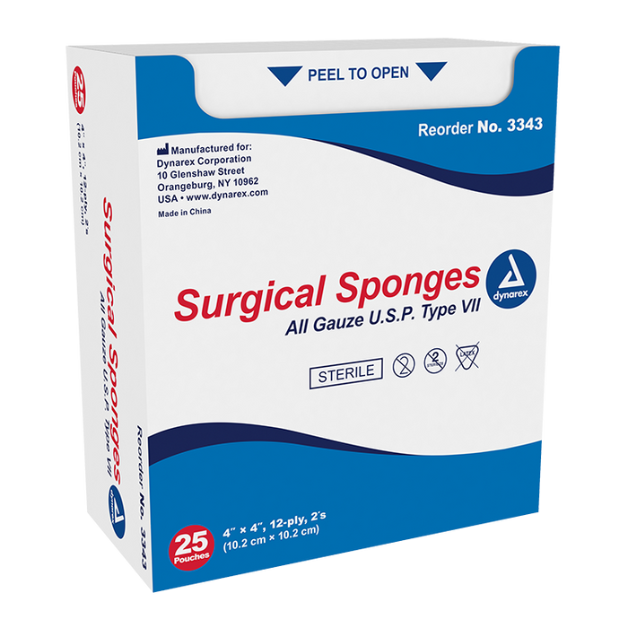 Dynarex Surgical Gauze Sponge - Sterile 2's, 4" x 4" - 25ea/bx, 24bxs/cs (600 Count)