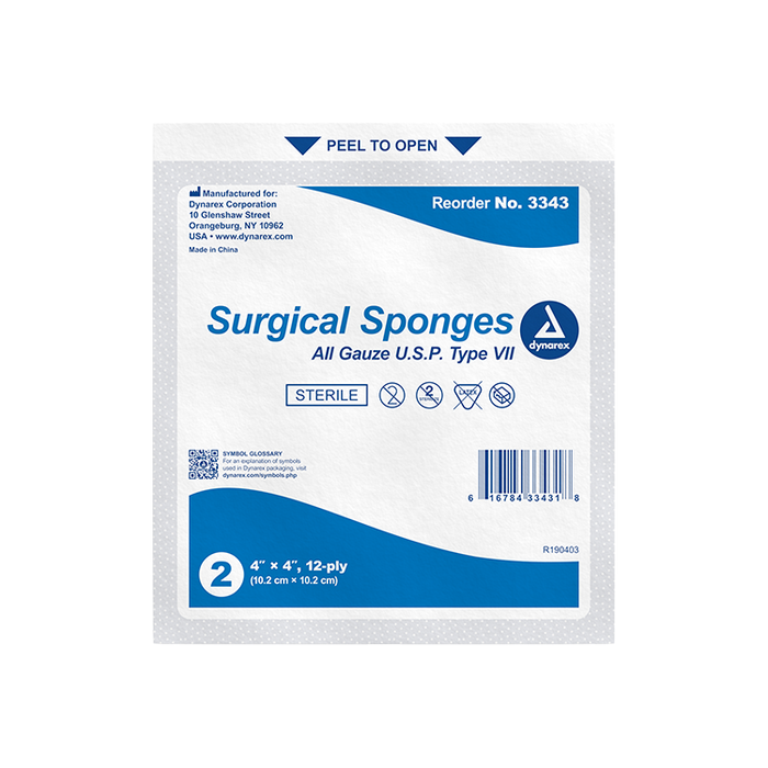Dynarex Surgical Gauze Sponge - Sterile 2's, 4" x 4" - 25ea/bx, 24bxs/cs (600 Count)
