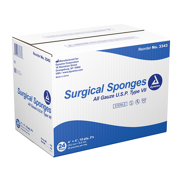 Dynarex Surgical Gauze Sponge - Sterile 2's, 4" x 4" - 25ea/bx, 24bxs/cs (600 Count)