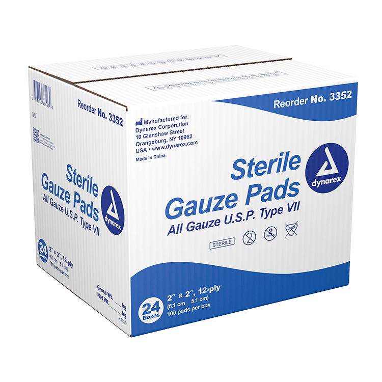 Dynarex Gauze Pad - Sterile 1's, 2" x 2" 12 Ply, 24/100/cs