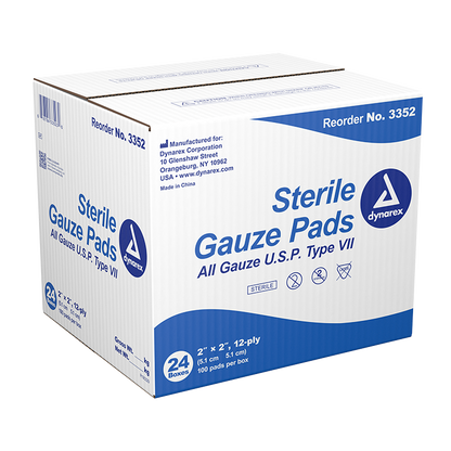 Dynarex Gauze Pad - Sterile 1's, 2" x 2" 12 Ply, 24/100/cs