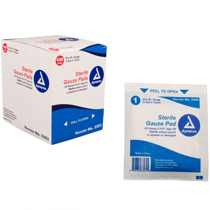 Dynarex Gauze Pad - Sterile 1's, 3" x 3" 12 Ply, 24/100/cs