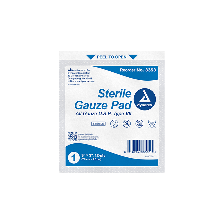 Dynarex Gauze Pad - Sterile 1's, 3" x 3" 12 Ply, 24/100/cs