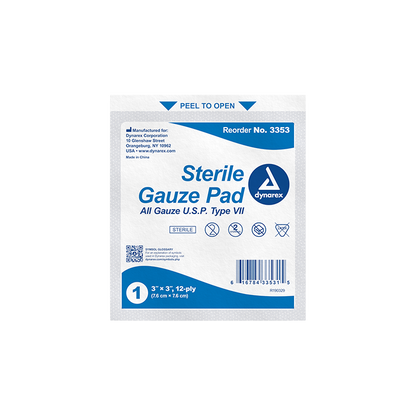 Dynarex Gauze Pad - Sterile 1's, 3" x 3" 12 Ply, 24/100/cs