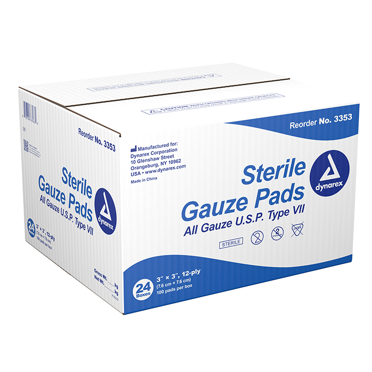 Dynarex Gauze Pad - Sterile 1's, 3" x 3" 12 Ply, 24/100/cs