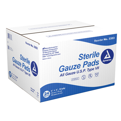 Dynarex Gauze Pad - Sterile 1's, 3" x 3" 12 Ply, 24/100/cs