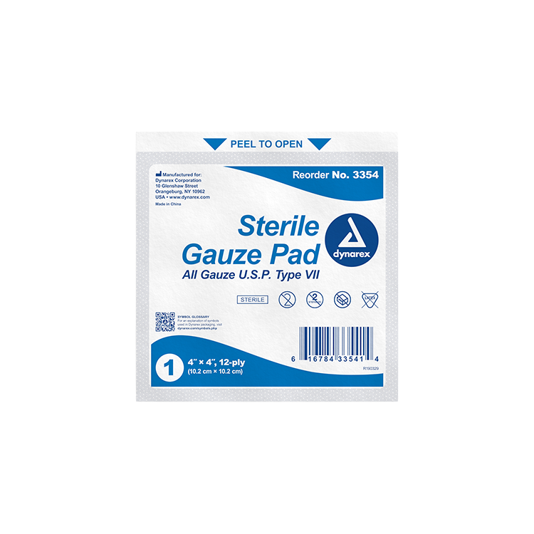 Dynarex Gauze Pad - Sterile 1's, 4" x 4" 12 Ply, 12/100/cs