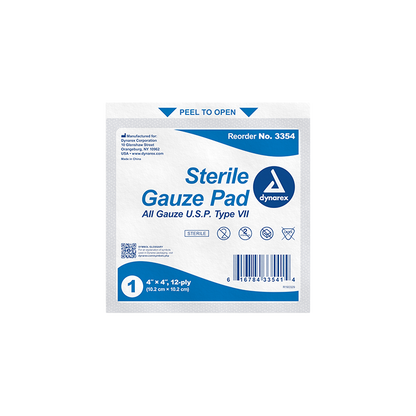 Dynarex Gauze Pad - Sterile 1's, 4" x 4" 12 Ply, 12/100/cs