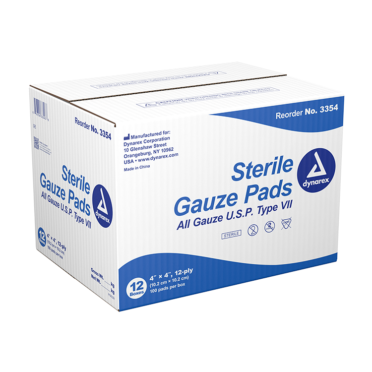 Dynarex Gauze Pad - Sterile 1's, 4" x 4" 12 Ply, 12/100/cs