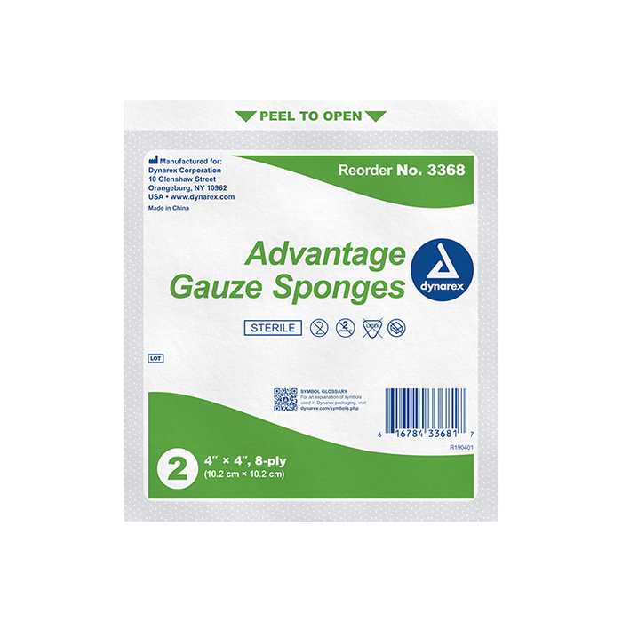 Dynarex Gauze Sponge - Sterile 2's, 4" x 4" 8 Ply, 12/50/cs