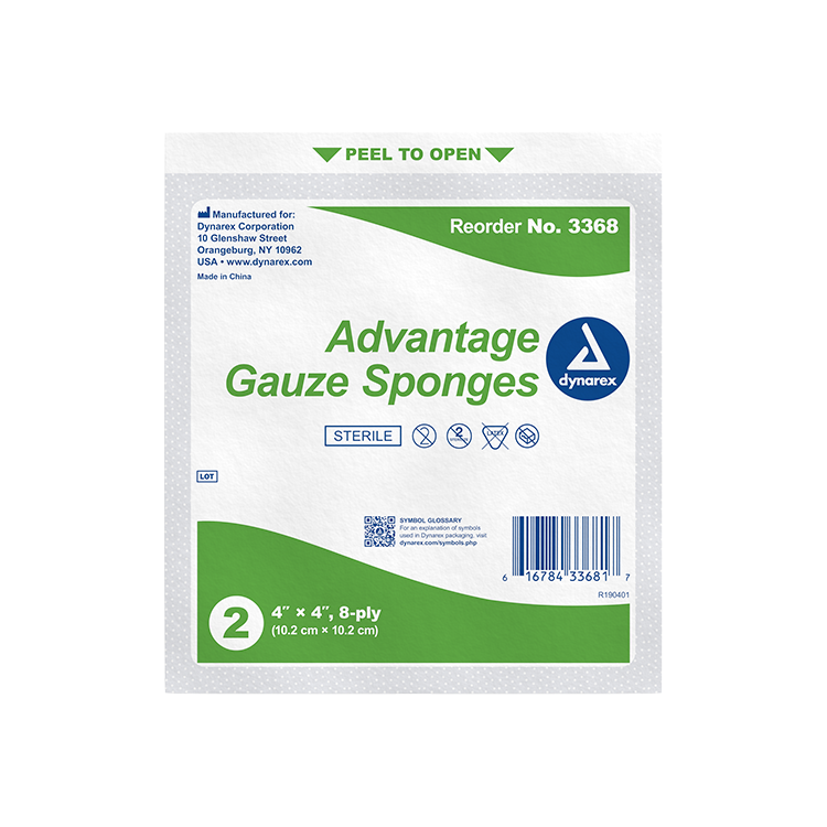 Dynarex Gauze Sponge - Sterile 2's, 4" x 4" 8 Ply, 50ea/bx, 12bxs/cs (600 Count)