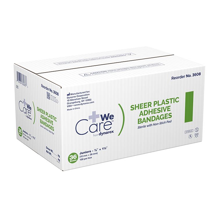 Dynarex Sheer Plastic Adhesive Bandages - Sterile, 3/8" x 1.5" - 100ea/bx, 36bxs/cs (3600)