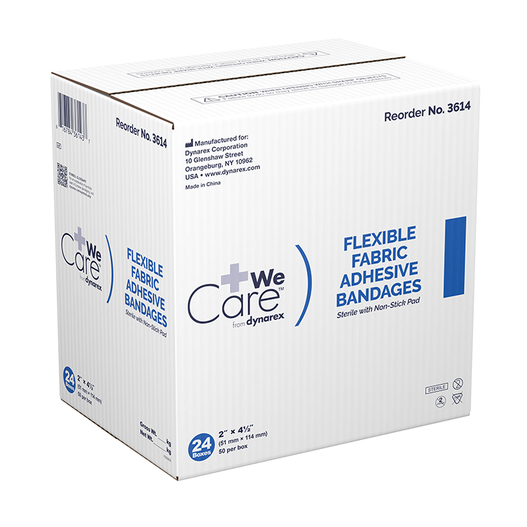 Dynarex Adhesive Fabric Bandages - Sterile, 2" x 4 1/2"- 24ea/bx, 50bxs/cs (1200 Count)