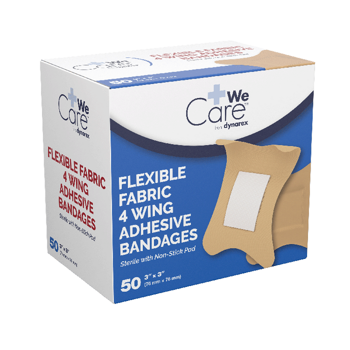 Dynarex Adhesive Fabric Bandages Four Wing - Sterile, 3" x 3", 24/50/cs