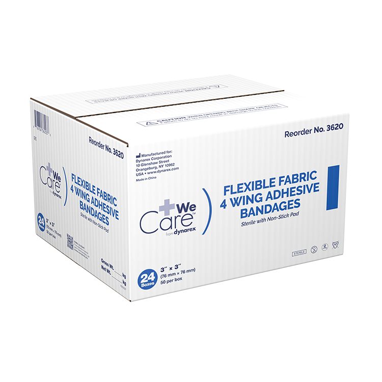 Dynarex Adhesive Fabric Bandages Four Wing  Sterile, 3" x 3" - 24ea/bx, 50bxs/cs (1200 Count)