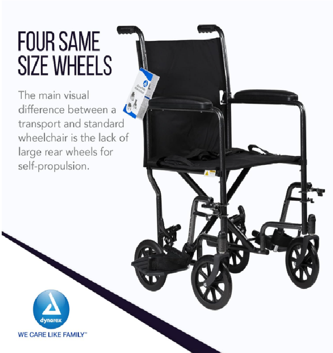 Dynarex DynaRide Transport Wheelchair - Steel Frame with Fixed Full Armrests, Silver Vein Finish, 250 lb Capacity