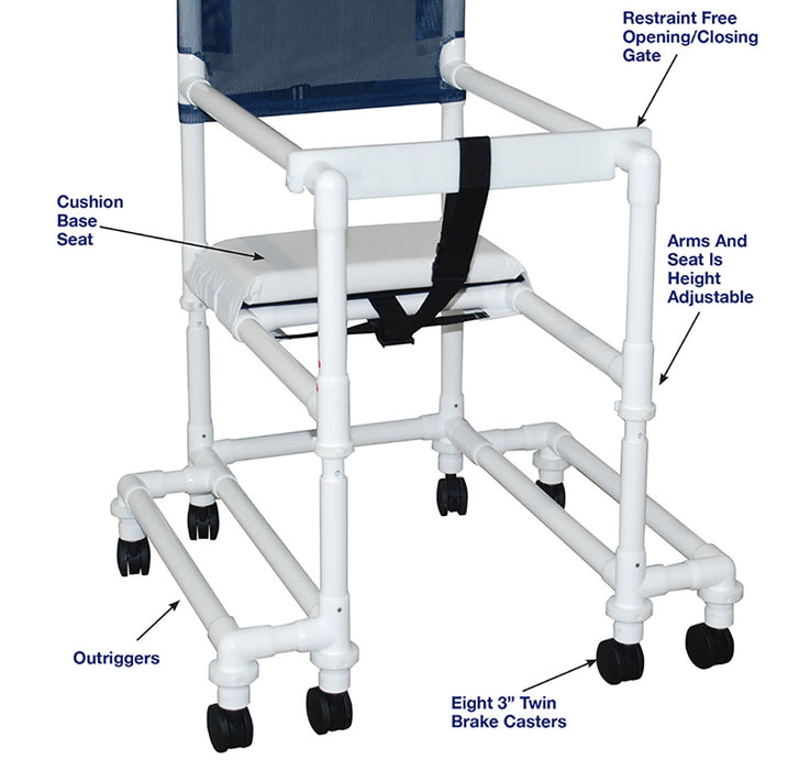 MJM International 418-OR-3TW-T 18" internal width, anti-tip outriggers, 3" twin casters, height adjustable, for residents / patients between 6'-6'6", 300 lbs weight capacity