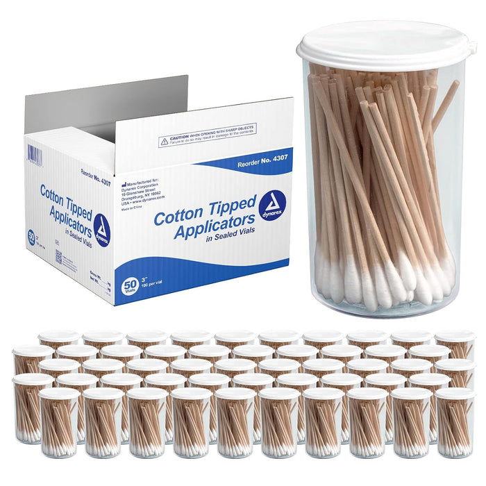 Dynarex Cotton Tipped Wood Applicators - Sterile 6" Length, 100 per Vial / 50 Vials