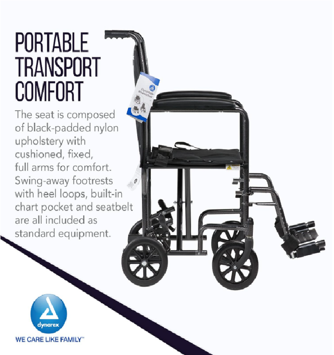 Dynarex DynaRide Transport Wheelchair - Steel Frame with Fixed Full Armrests, Silver Vein Finish, 250 lb Capacity
