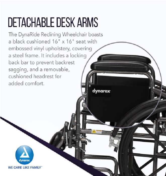 Dynarex DynaRide Reclining Wheelchair with Detachable Desk Armrests, Silver Vein Finish