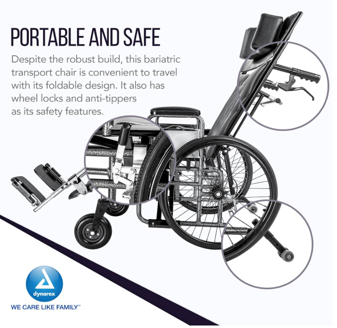 Dynarex Bari+Max Bariatric Reclining Wheelchair with Elevating Leg Rest (ELR)