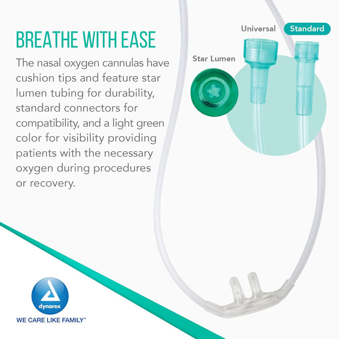 Dynarex Resp-O2 Nasal Oxygen Cannulas with Standard Tips - Adult, 50' Standard Connector (15 Count)