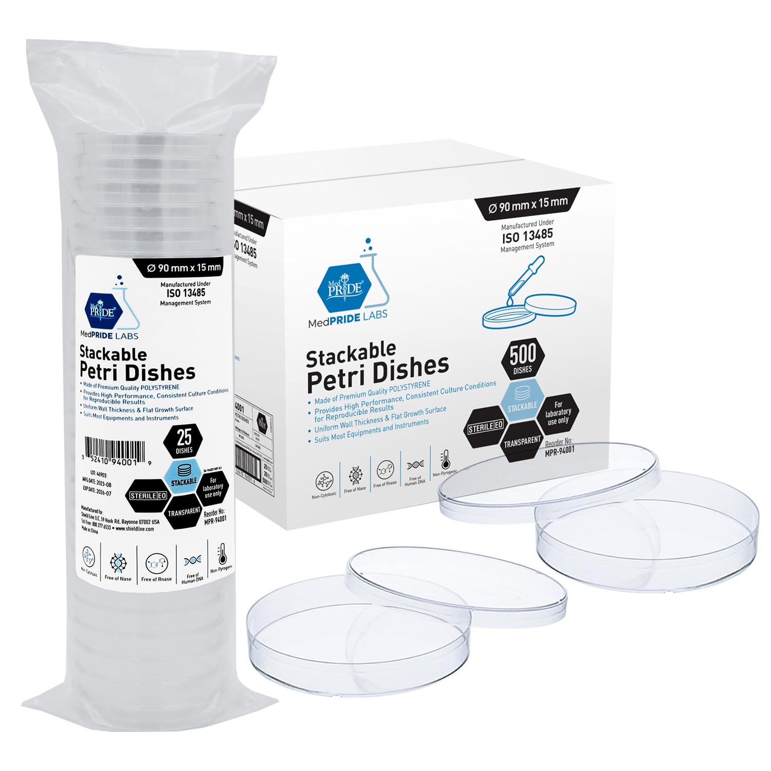 MedPride Stackable Petri Dishes with Lids, Sterile 90mmx15mm -  20 Pack of 25 (500 Count)