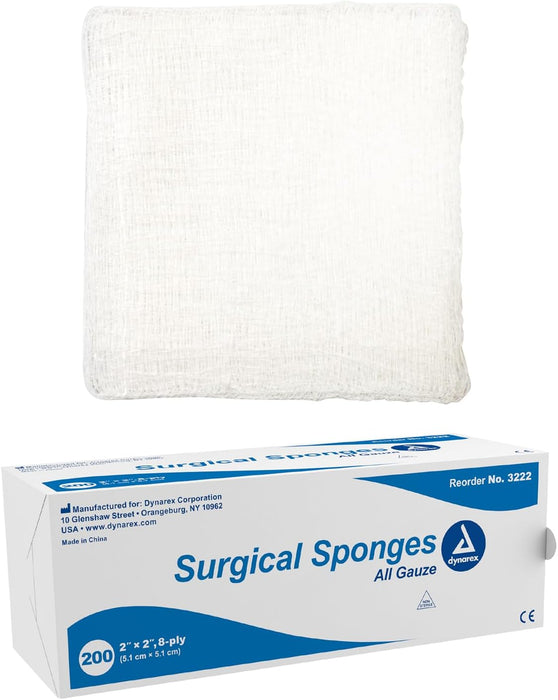 Dynarex Surgical Gauze Sponge, 2" x 2" 8 Ply, 200ea/bx, 25bxs/cs (5000 Count)