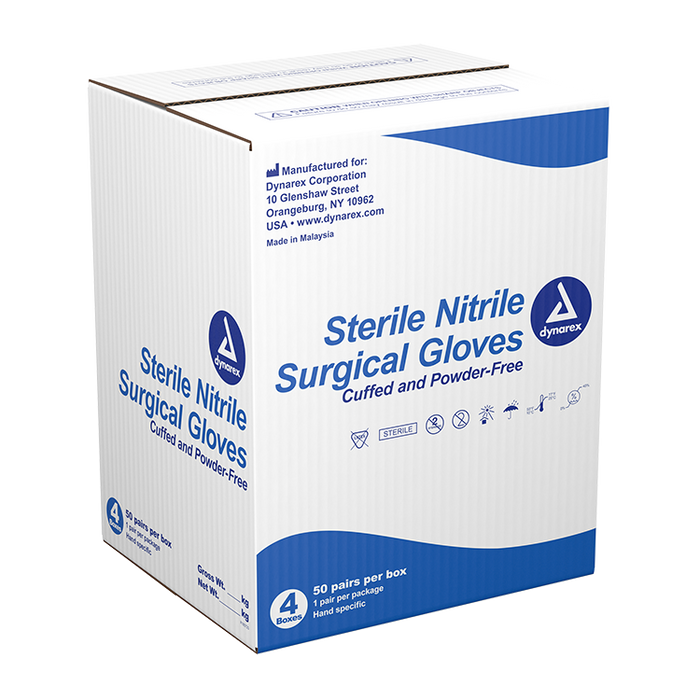Dynarex Sterile Nitrile Surgical Gloves, Powder-Free - 50ea/bx, 4bxs/cs (200 Count)
