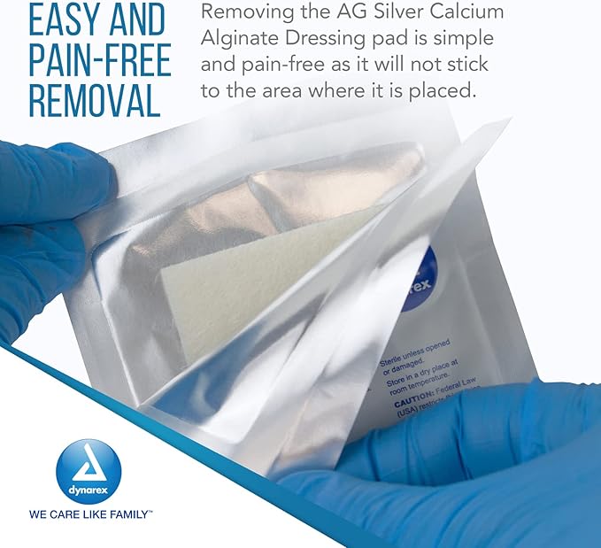 Dynarex DynaGinate AG - Silver Calcium Alginate Dressing, 4" x 8", 5ea/bx, 10bxs/cs (50 Count)
