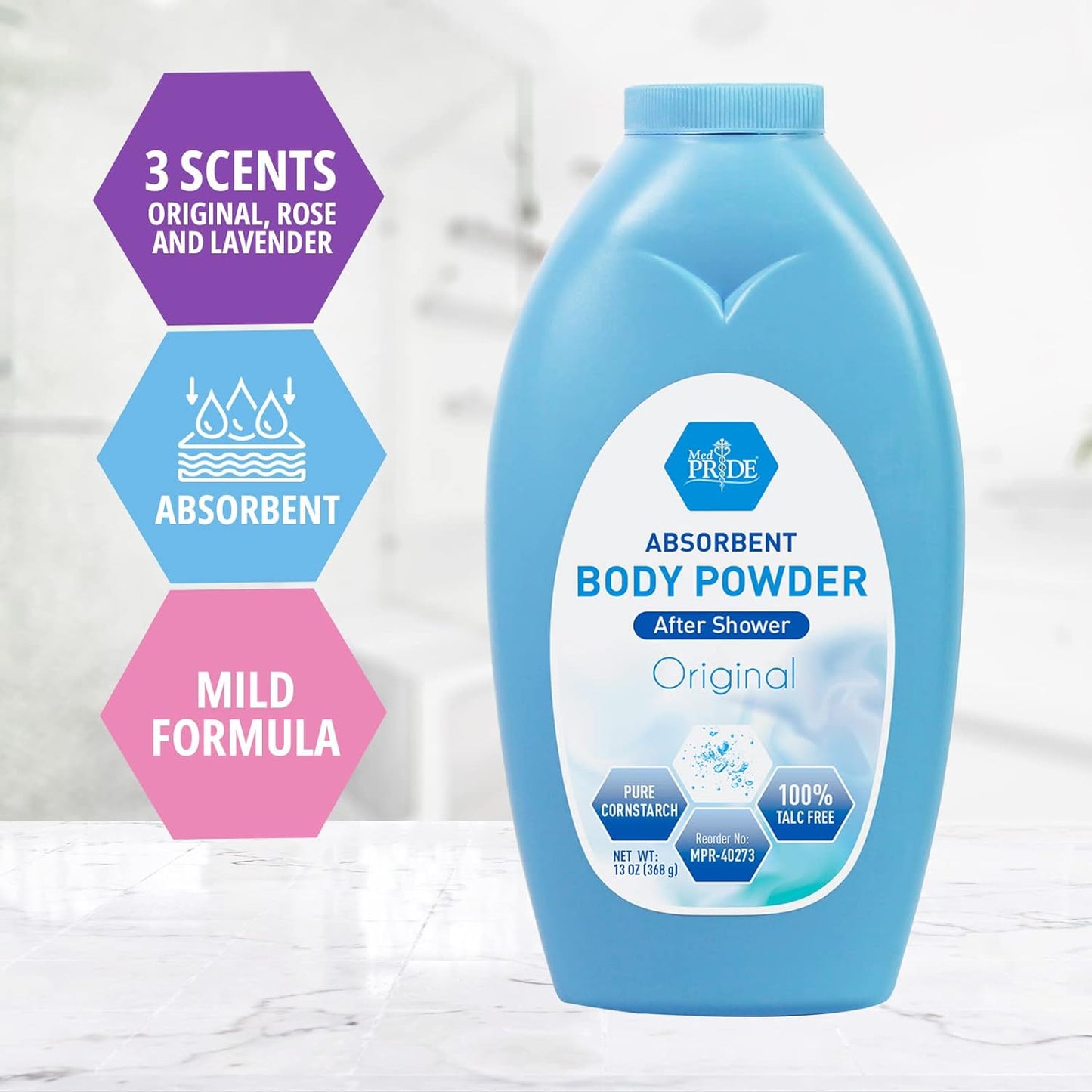 Body Powder w/seal - Blue Bottle - 13 oz, 24/cs.