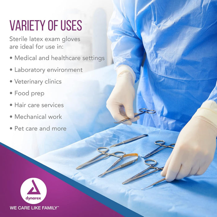 Dynarex Sterile Latex Exam Gloves, 3 Mil Thick, Powder-Free, 50prs/bx, 8bxs/cs (400 Count)