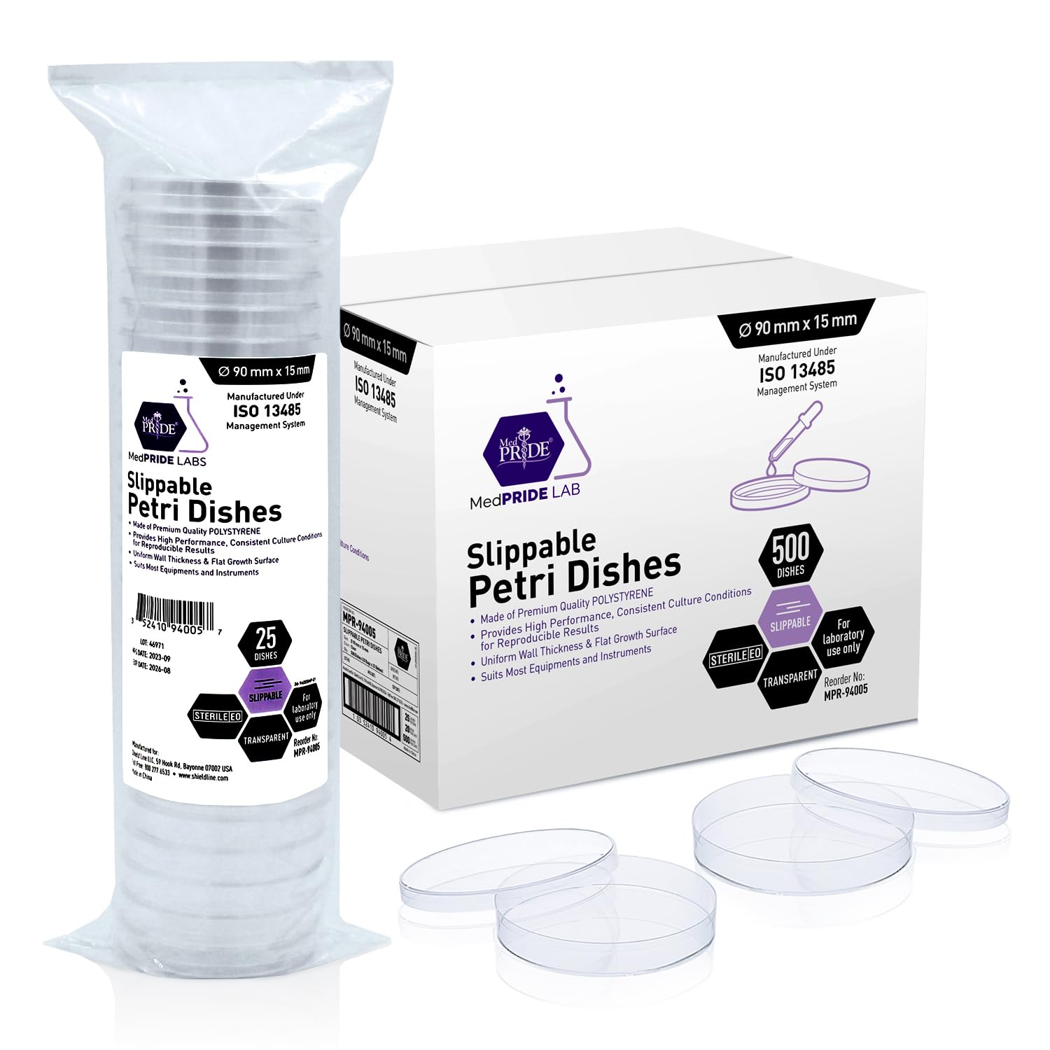 MedPride Slippable Petri Dishes with Lids, Sterile 90mmx15mm -  20 Pack of 25 (500 Count)